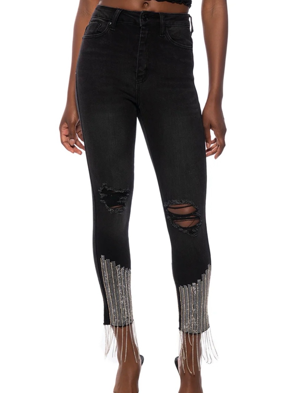AKIRA Black High-Rise Distressed Jeans with Rhinestone Fringe